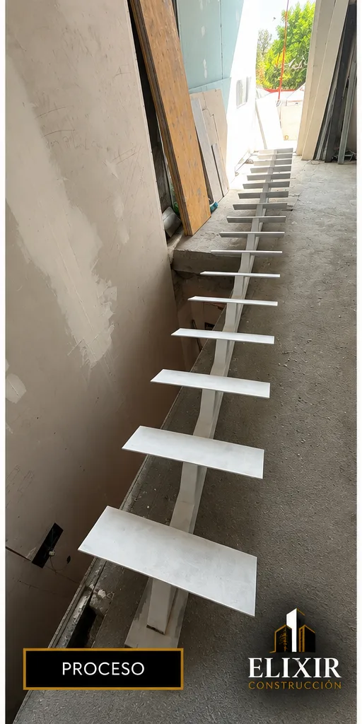 Montaje de escalera metálica flotante por Elixir Construcción en Sevilla