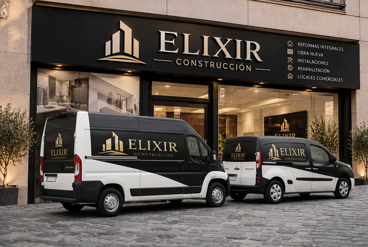 Fachada de la futura oficina de Elixir Construcción en Sevilla con los vehículos corporativos rotulados aparcados delante