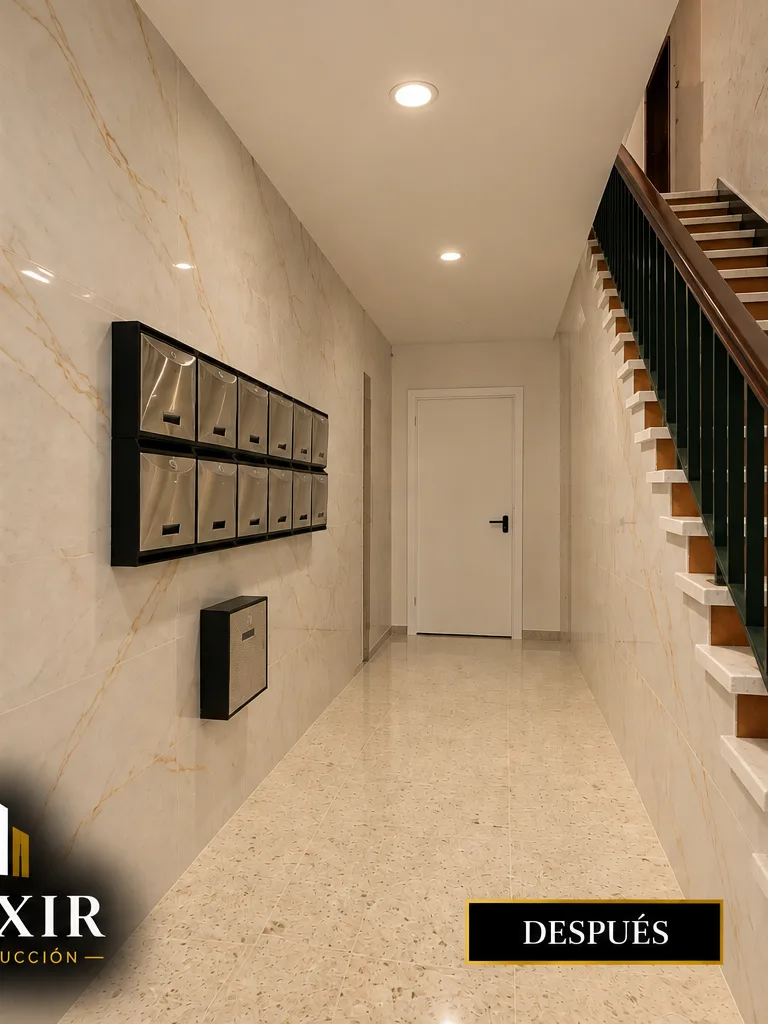 Resultado final de la rehabilitación de la escalera y buzones del portal realizada por Elixir Construcción en Sevilla